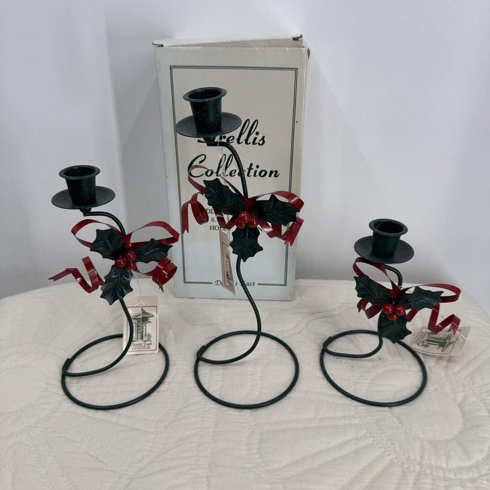 Vintage Dennis East Trellis Holly Ribbon Candlestick Set‎ Of 3 Christmas Decor